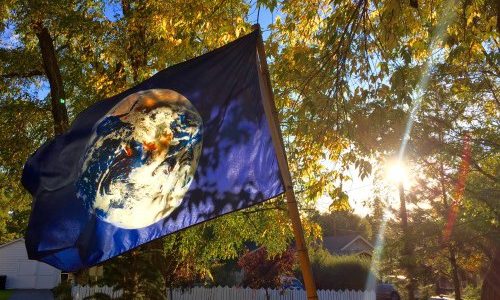 a blue flag is flying in the breeze with a picture of planet earth on it. behind the flag the sun shines through tree canopy
