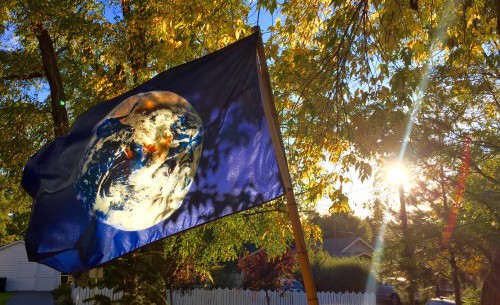 a blue flag is flying in the breeze with a picture of planet earth on it. behind the flag the sun shines through tree canopy