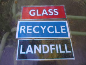 Bin labels for glass, recycle, and landfill