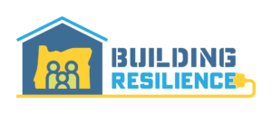 a logo with Building Resilience text and an icon of a house with the state of Oregon outlined inside and an outline of a family of three