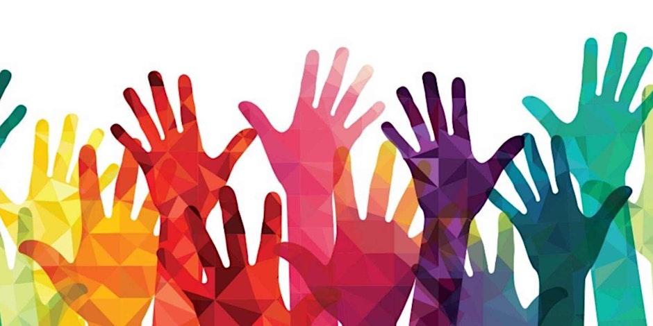 An array of colorful hands reaching upwards.