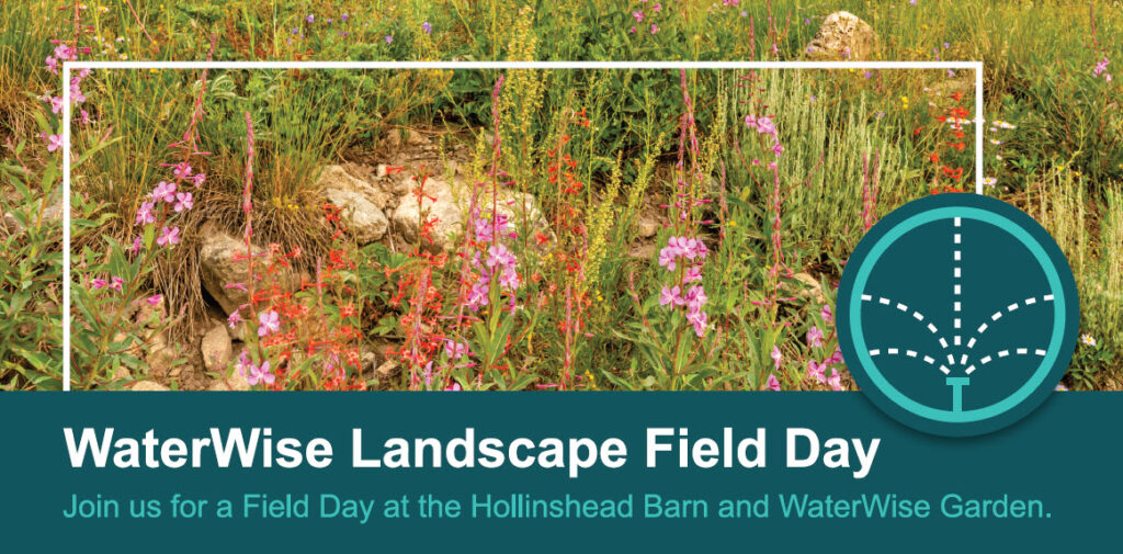 a photo of a garden of native plants with text reading: waterwise landscape field day. join us for a field day at the Hollinshead Barn and WaterWise Garden.