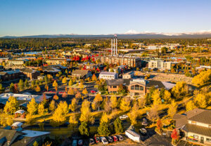aerial view of downtown bend with fall foliage