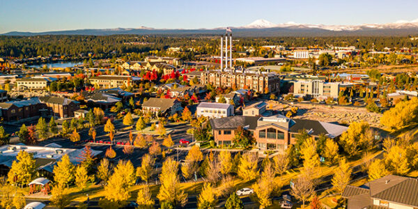 aerial view of downtown bend with fall foliage