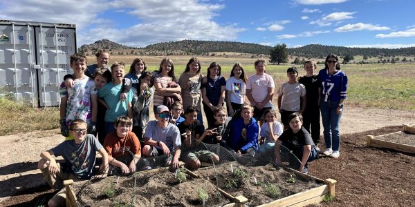 a group of 5th graders and their teachers pose in front of new garden beds in their school yard. behind them the corner of the school is visible and a blue sky with white clouds.