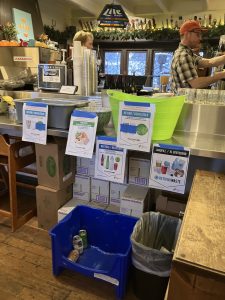 Sorting station with signs for compost, recycle, and landfill at The Commons