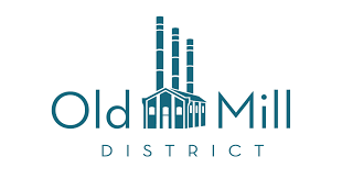 Old Mill District logo with a mill in the background
