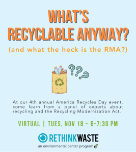 An event poster with this text: What’s recyclable anyway? (and what the heck is the RMA?). At our 4th annual America Recycles Day event, come learn from a panel of experts about recycling and the Recycling Modernization Act. Virtual | Tues, Nov 18 ~ 6-7:30 PM. By the Rethink Waste Project.