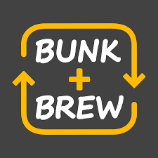 bunk and brew logo, yellow arrows around the text of the name