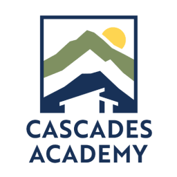 Cascades Academy logo with blue and green mountains and a sun
