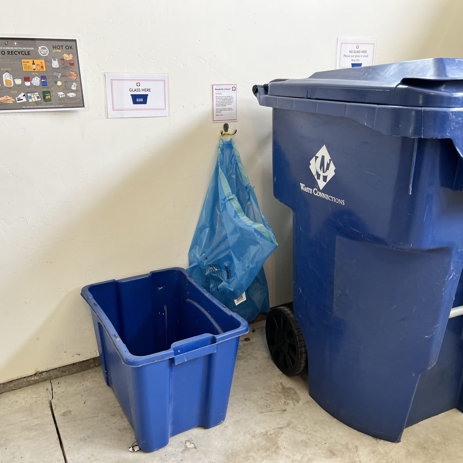 Blue redeemable BottleDrop bag hanging between two blue recycling bins